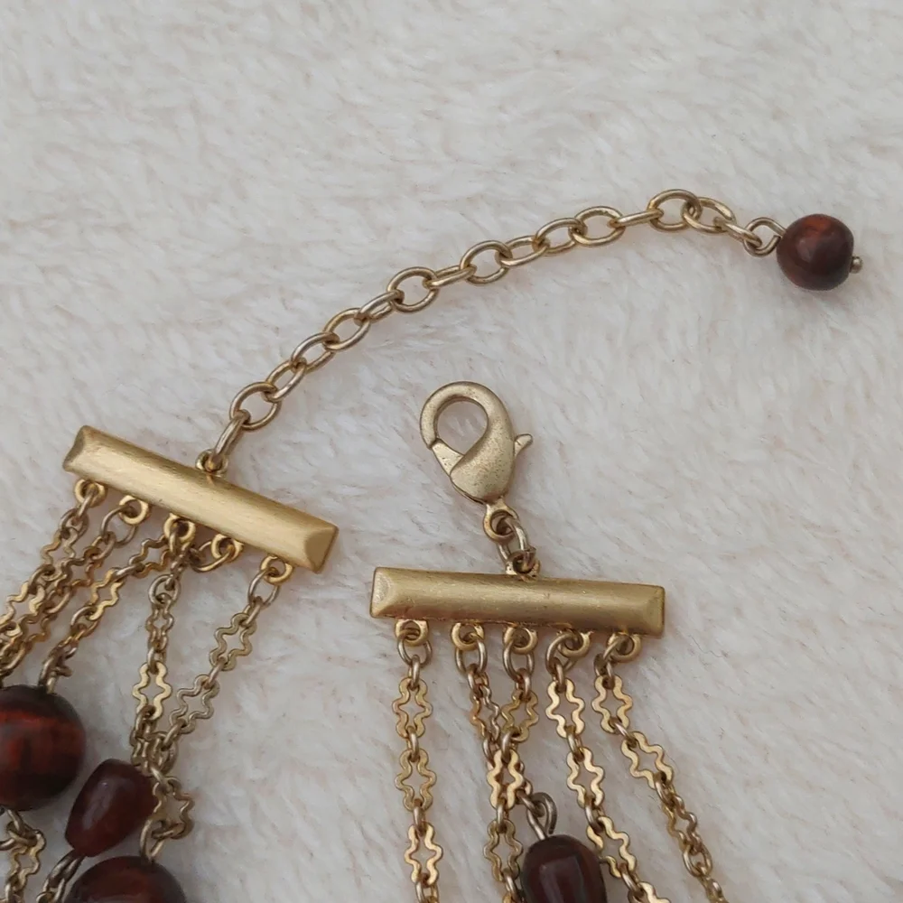 SALE: Gold-Colored Five Chain Necklace with Small Dark Brown Beads - Picture 7 of 10